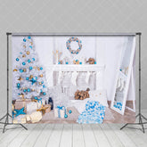 Aperturee - Aperturee Blue Wreath White Fireplace Wall Christmas Backdrop